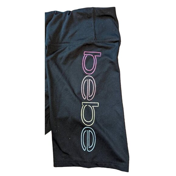 bebe Rainbow Logo Biker Shorts sz Medium Womens Black Pink Blue Yellow - Picture 2 of 4